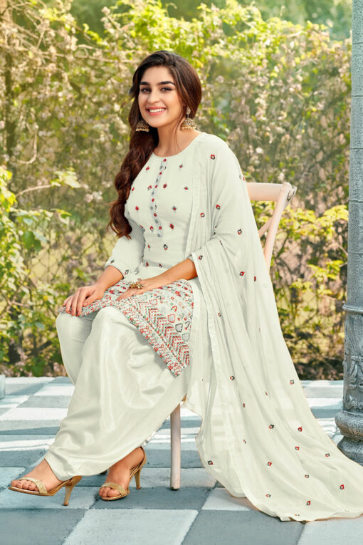 Radiant White Georgette Embroidered Patiala Suit