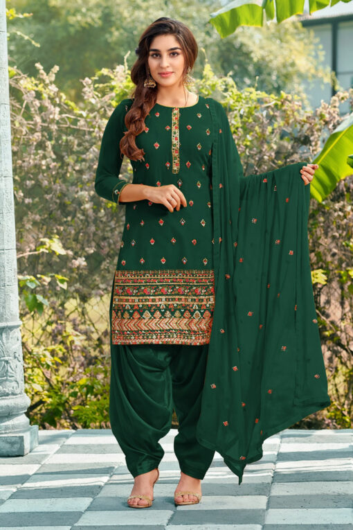 Dark Green Georgette Attractive Embroidered Patiala Suit
