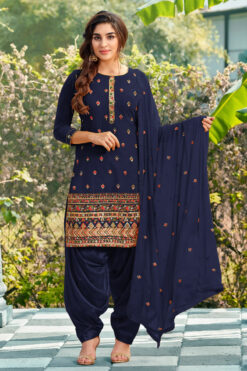 Navy Blue Embellished Embroidered Patiala Suit In Georgette Fabric