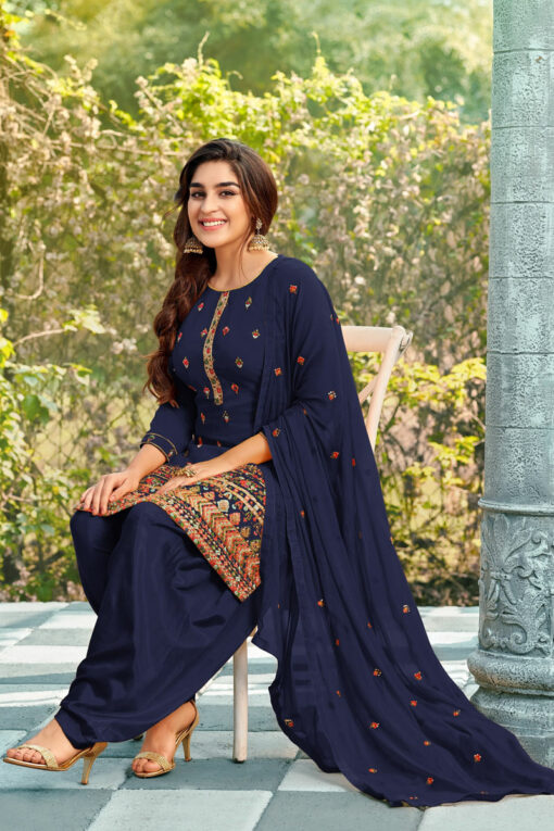 Navy Blue Embellished Embroidered Patiala Suit In Georgette Fabric