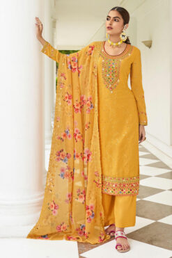 Charming Mustard Color Georgette Embroidered Palazzo Suit