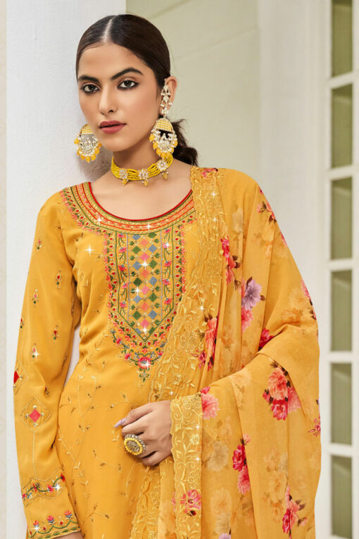 Charming Mustard Color Georgette Embroidered Palazzo Suit