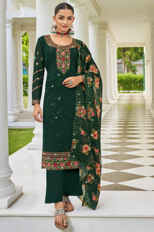Mesmeric Dark Green Color Embroidered Palazzo Suit In Georgette Fabric