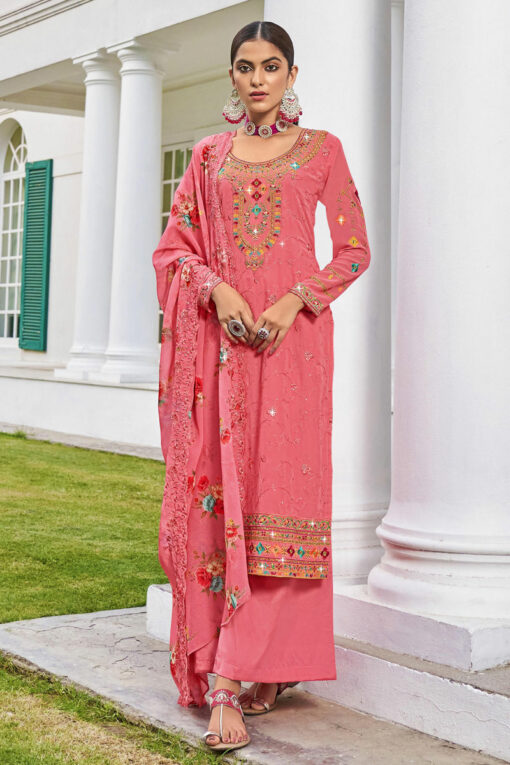 Radiant Embroidered Pink Color Georgette Palazzo Suit