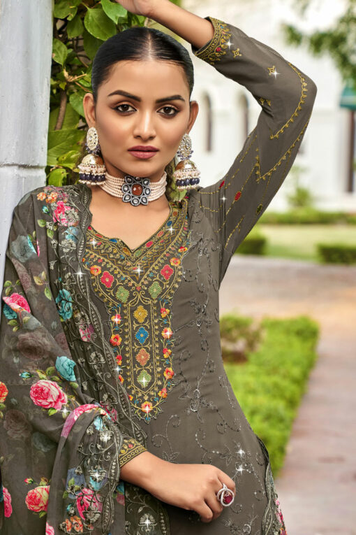 Excellent Georgette Grey Color Embroidered Palazzo Suit
