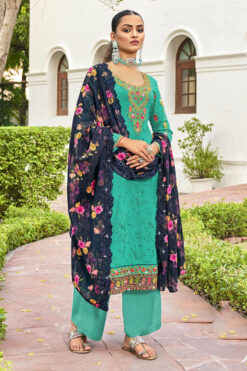 Dazzling Embroidered Green Color Palazzo Suit In Georgette Fabric