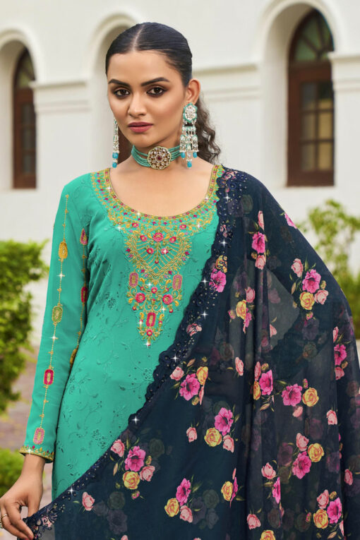 Dazzling Embroidered Green Color Palazzo Suit In Georgette Fabric