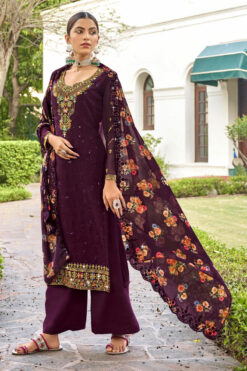 Entrancing Georgette Embroidered Palazzo Suit In Wine Color