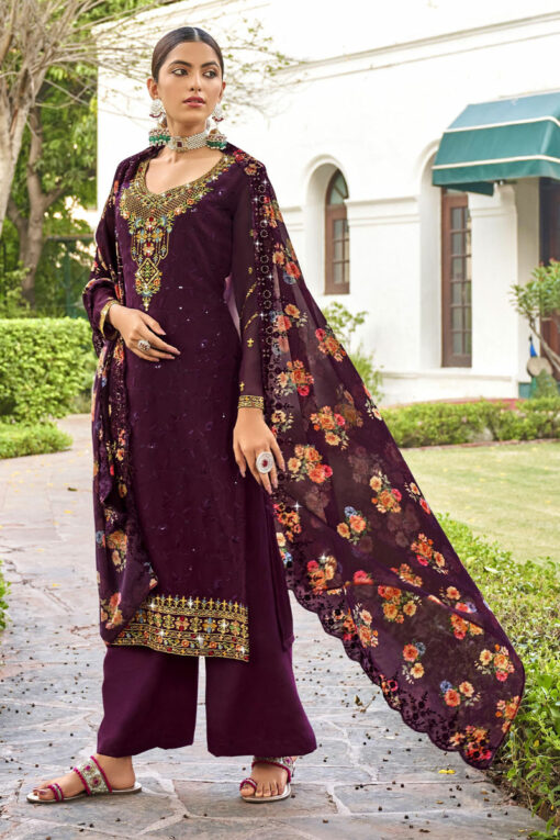 Entrancing Georgette Embroidered Palazzo Suit In Wine Color