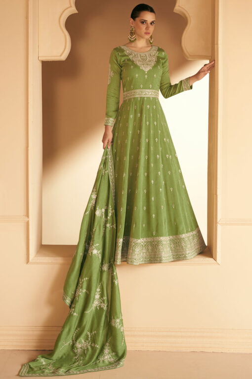 Eugeniya Belousova Party Style Green Inventive Gown With Dupatta In Silk Fabric