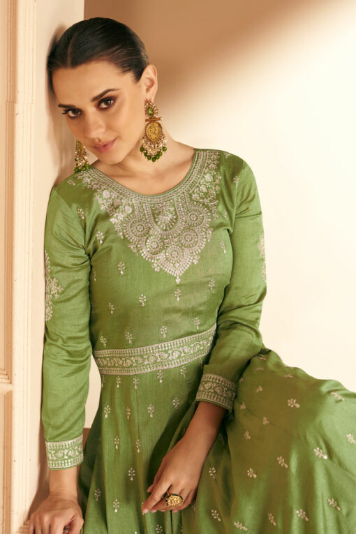 Eugeniya Belousova Party Style Green Inventive Gown With Dupatta In Silk Fabric
