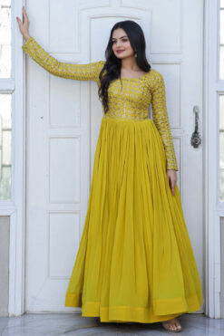 Yellow Ingenious Readymade Georgette Gown In Function Wear