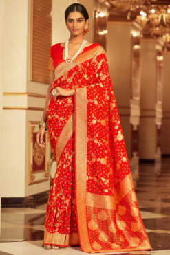 Chiffon Fabric Bandhej Style Saree In Red Color