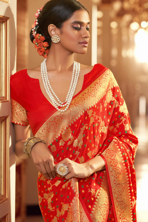Chiffon Fabric Bandhej Style Saree In Red Color