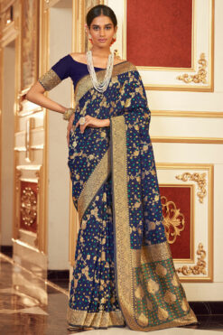 Navy Blue Color Chiffon Fabric Bandhej Style Saree