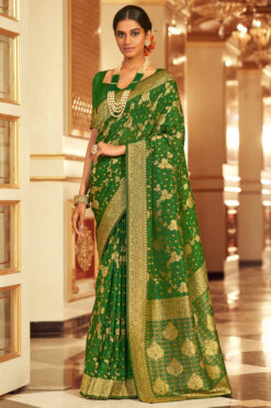 Green Color Chiffon Fabric Bandhej Style Saree