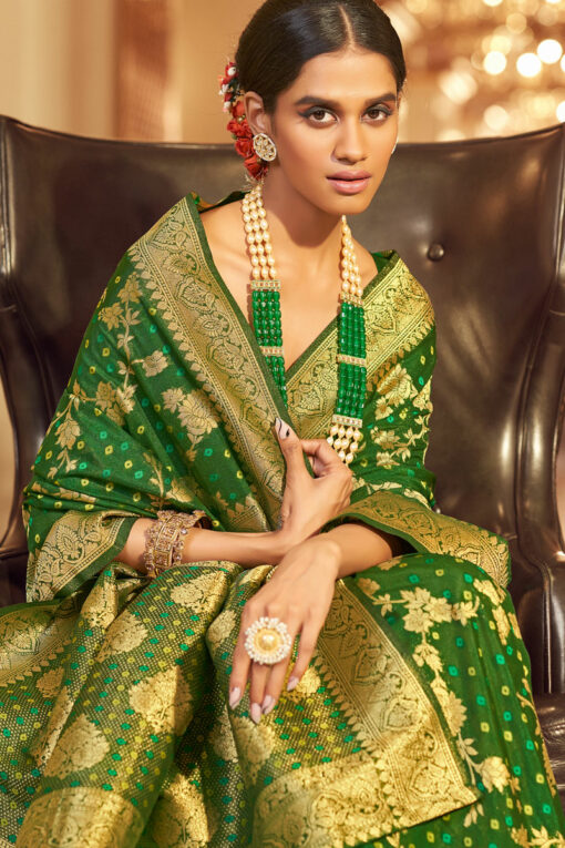 Green Color Chiffon Fabric Bandhej Style Saree