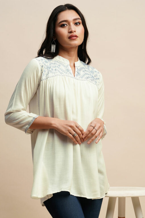 White Color Rayon Fabric Embroidered Readymade Short Kurti