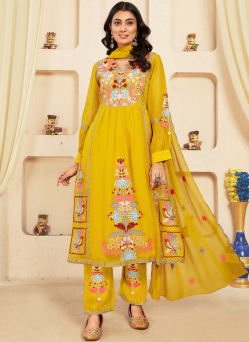 Yellow Heavy Faux Gerogette Embroidered Designer Salwar Kameez