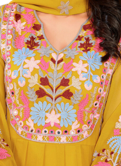 Yellow Heavy Faux Gerogette Embroidered Designer Salwar Kameez