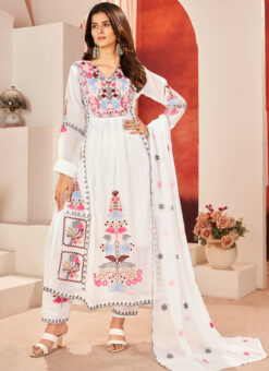 White Heavy Faux Gerogette Embroidered Designer Salwar Kameez