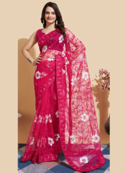 Rani Soft Net Designer Party Wear Embroidered Saree