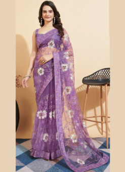 Purple Soft Net Embroidered Work Designer Saree