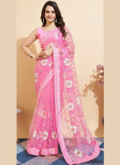 Pink Soft Net Embroidered Work Designer Saree