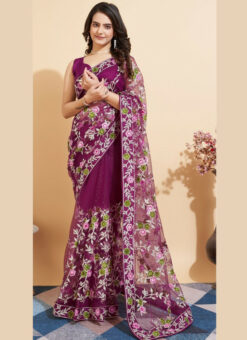 Purple Soft Net Designer Party Wear Embroidered Saree