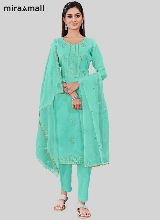 Firozi Chanderi Silk Pant Style Salwar Kameez Miraamall