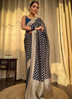 Navy Blue Traditional Function Wear Banarasi Soft Silk Saree Miraamall