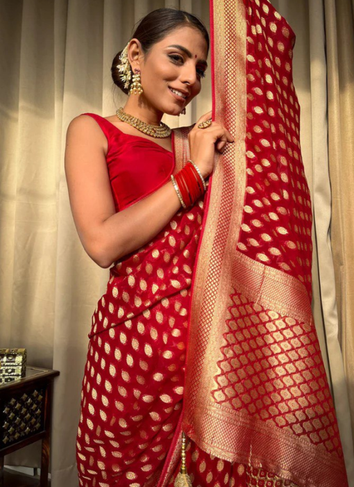 Red Traditional Function Wear Banarasi Soft Silk Saree Miraamall