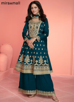 Teal Blue Designer Embroidered Silk Salwar Suit Miraamall